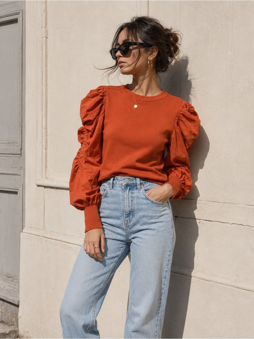 Rust Orange Puff Sleeve Knit Top Size M Romantic Statement Sleeve Blouse